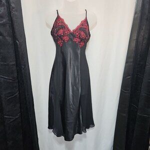 Womans Small Black Satin Red Lace Babydoll Slipdress Nightgown Whimsigoth Sheer